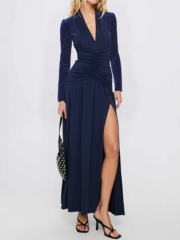 A-Line Bodycon Pleated Solid Color Split-Joint Split-Side Deep V-Neck Maxi Dresses - Image 9