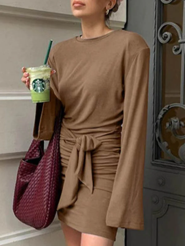 A-Line Bodycon Pleated Solid Color Tied Waist Zipper Round-Neck Mini Dresses - Image 4