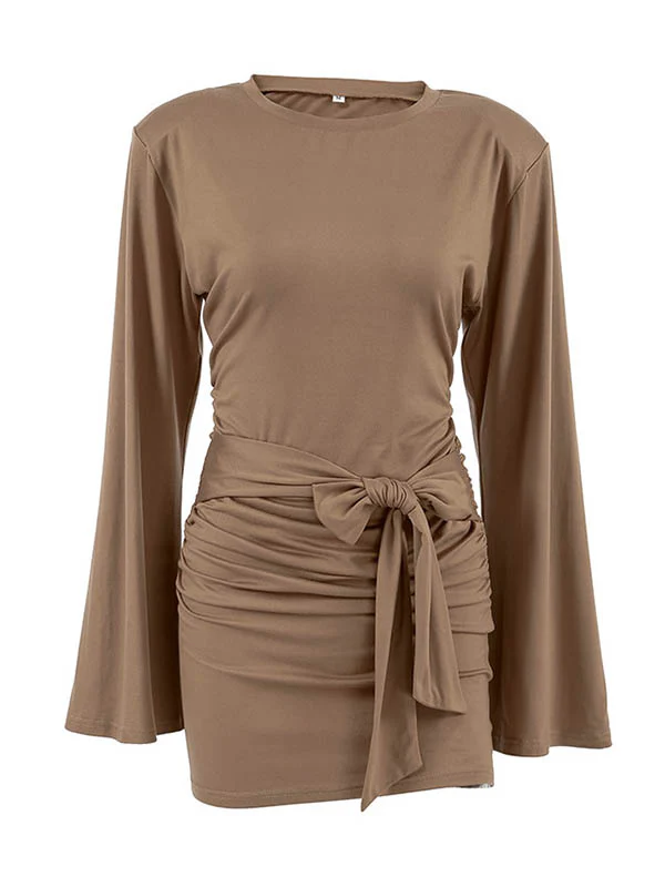 A-Line Bodycon Pleated Solid Color Tied Waist Zipper Round-Neck Mini Dresses - Image 5