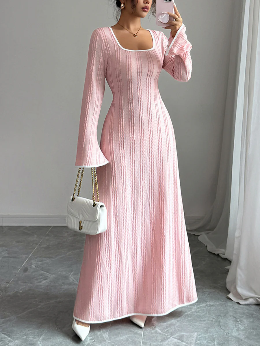 A-Line Bodycon Ribbed Knit Split-Joint Square-Neck Maxi Dresses