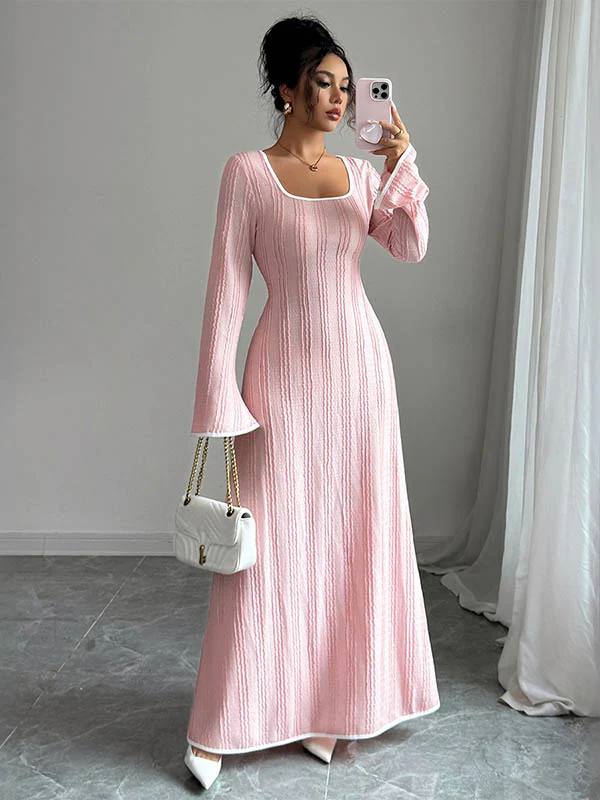 A-Line Bodycon Ribbed Knit Split-Joint Square-Neck Maxi Dresses - Image 2