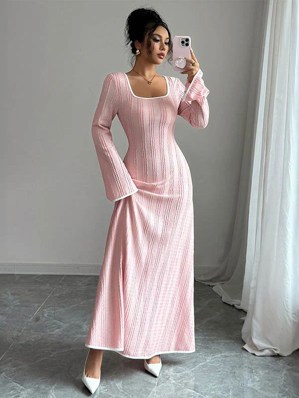 A-Line Bodycon Ribbed Knit Split-Joint Square-Neck Maxi Dresses - Image 3