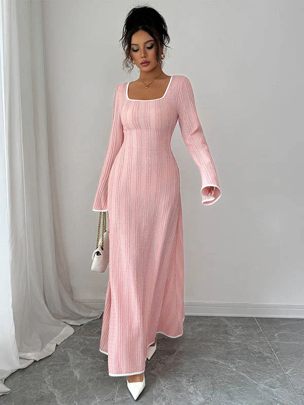A-Line Bodycon Ribbed Knit Split-Joint Square-Neck Maxi Dresses - Image 4