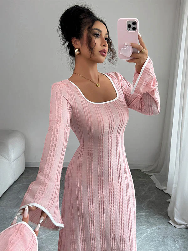 A-Line Bodycon Ribbed Knit Split-Joint Square-Neck Maxi Dresses - Image 5