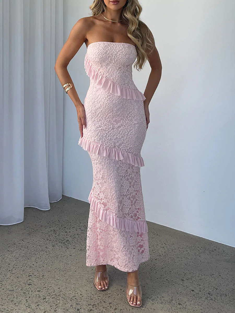 A-Line Bodycon Ruffled Solid Color Split-Joint Tube Midi Dresses - Image 2