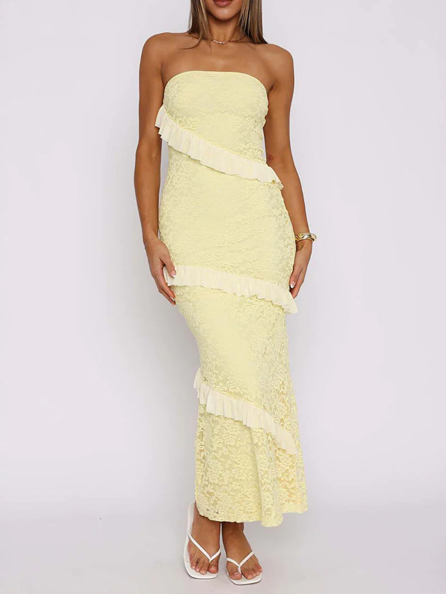 A-Line Bodycon Ruffled Solid Color Split-Joint Tube Midi Dresses - Image 4