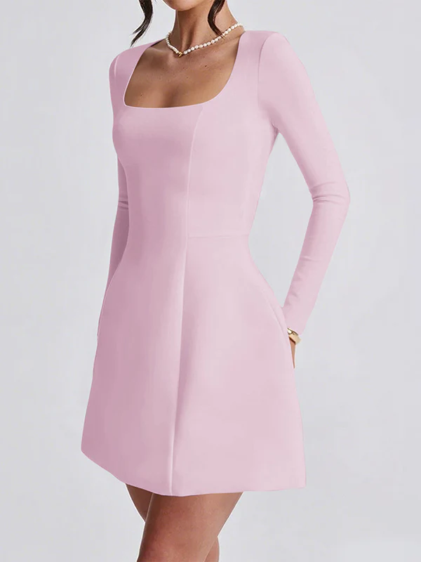 A-Line Bodycon Solid Color Zipper Square-Neck Mini Dresses - Image 10