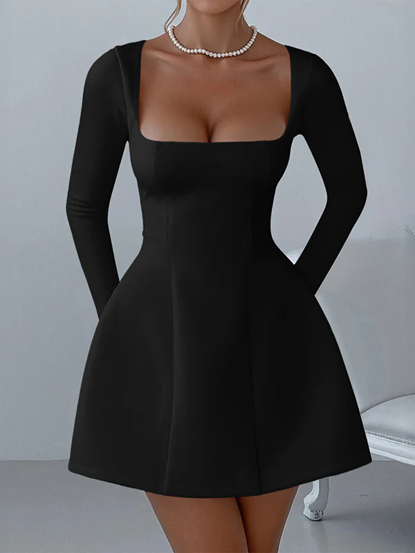 A-Line Bodycon Solid Color Zipper Square-Neck Mini Dresses - Image 2