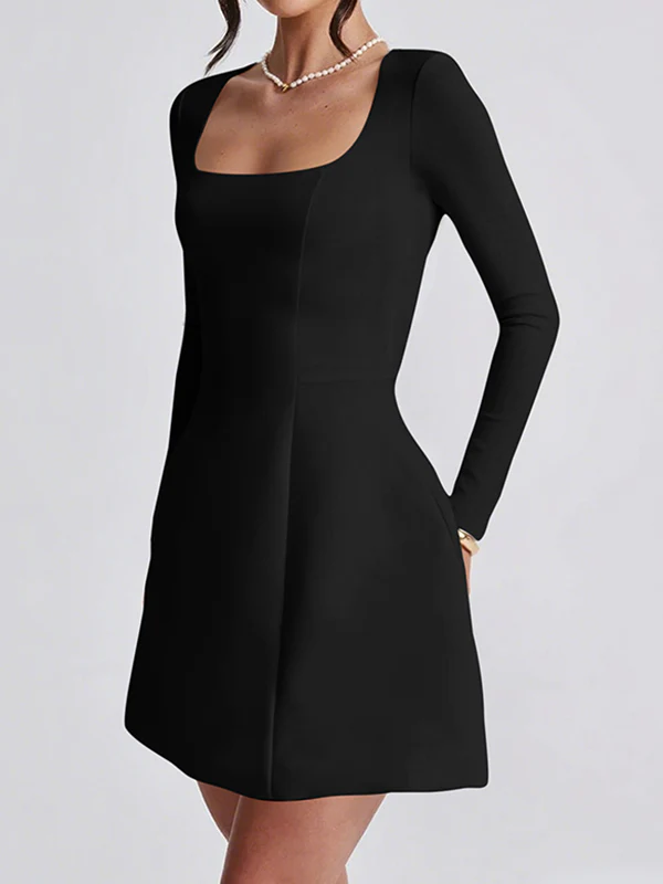 A-Line Bodycon Solid Color Zipper Square-Neck Mini Dresses - Image 4