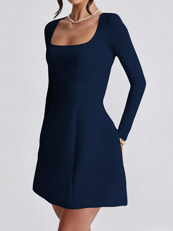 A-Line Bodycon Solid Color Zipper Square-Neck Mini Dresses - Image 7