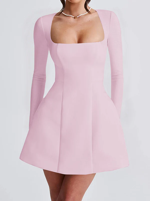 A-Line Bodycon Solid Color Zipper Square-Neck Mini Dresses - Image 9