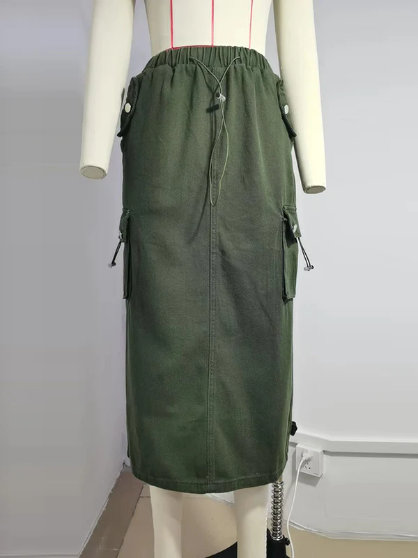 A-Line Buttoned Drawstring Pockets Solid Color Split-Joint Skirts Bottoms - Image 16