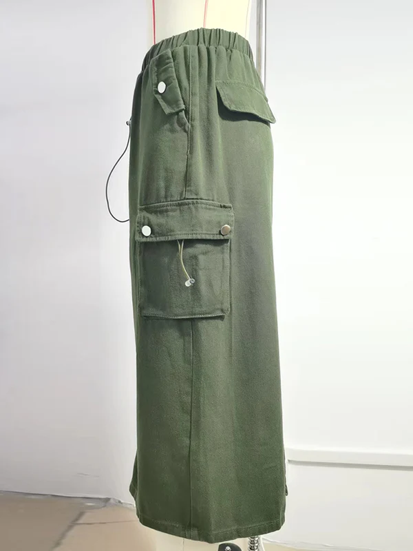 A-Line Buttoned Drawstring Pockets Solid Color Split-Joint Skirts Bottoms - Image 17