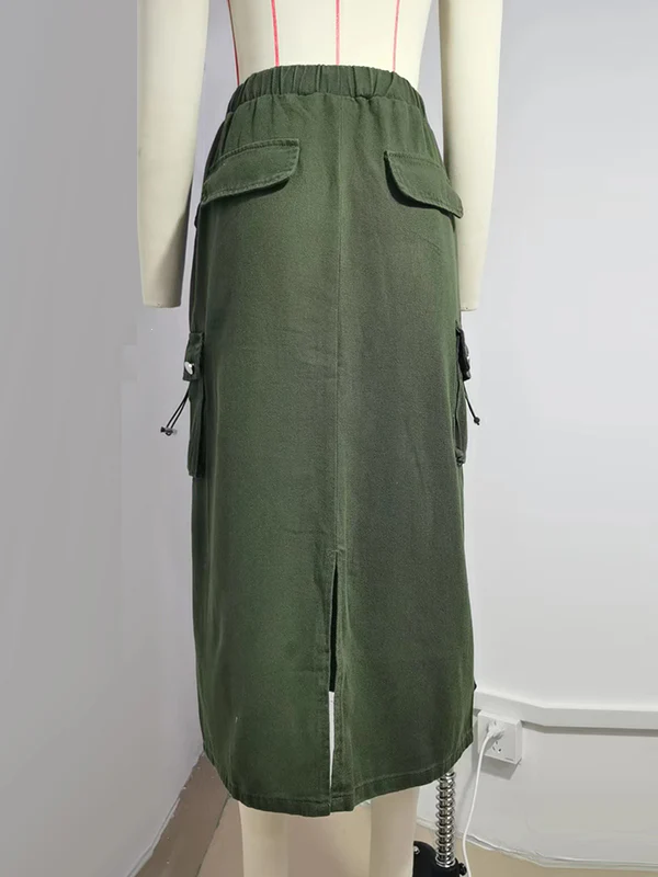 A-Line Buttoned Drawstring Pockets Solid Color Split-Joint Skirts Bottoms - Image 18