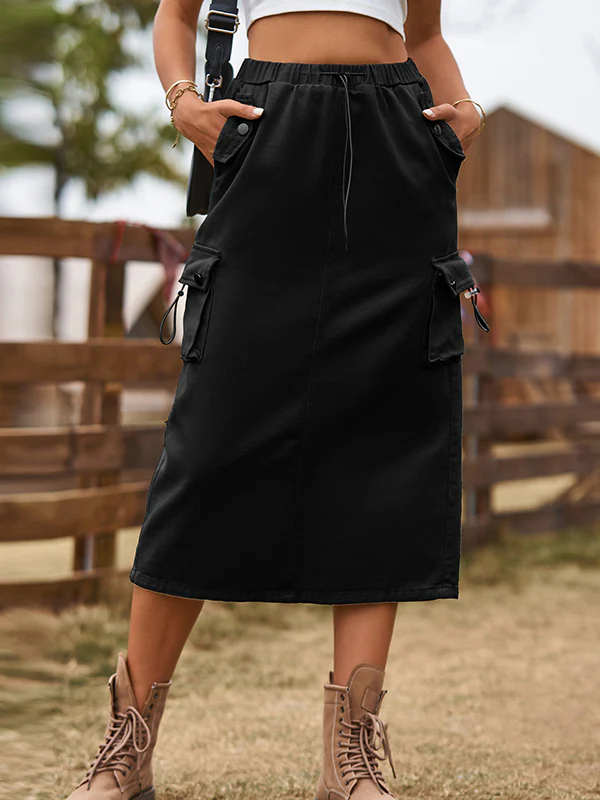 A-Line Buttoned Drawstring Pockets Solid Color Split-Joint Skirts Bottoms - Image 6