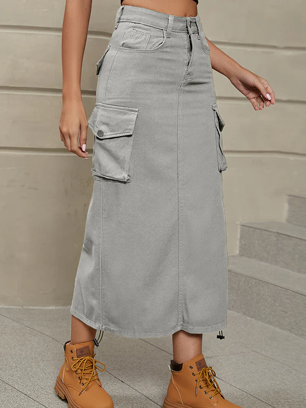 A-Line Buttoned Drawstring Pockets Solid Color Split-Side Skirts Bottoms - Image 13