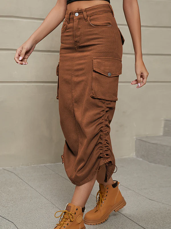 A-Line Buttoned Drawstring Pockets Solid Color Split-Side Skirts Bottoms - Image 19