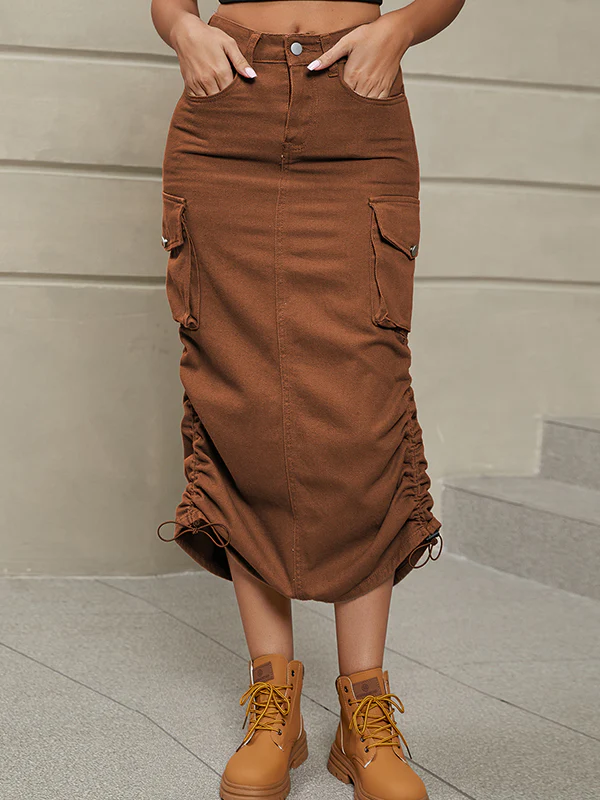 A-Line Buttoned Drawstring Pockets Solid Color Split-Side Skirts Bottoms - Image 20