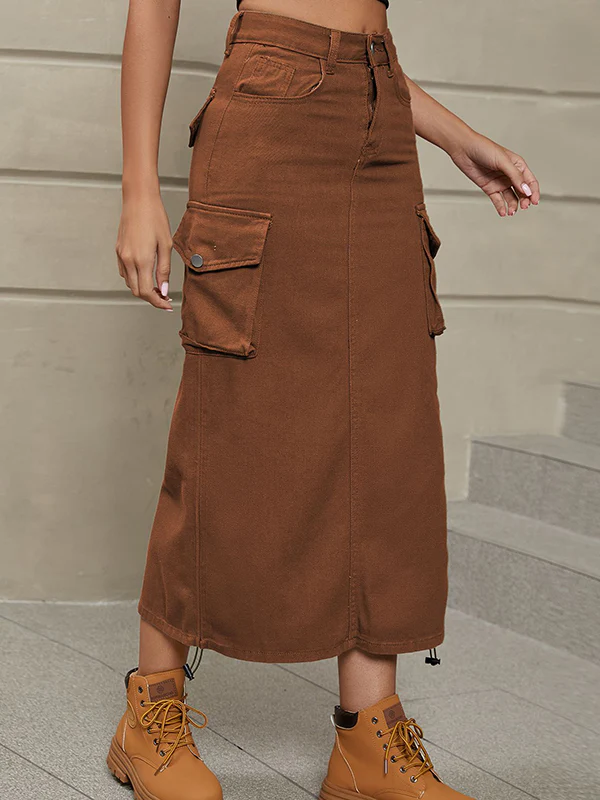 A-Line Buttoned Drawstring Pockets Solid Color Split-Side Skirts Bottoms - Image 21