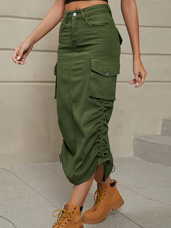 A-Line Buttoned Drawstring Pockets Solid Color Split-Side Skirts Bottoms - Image 27