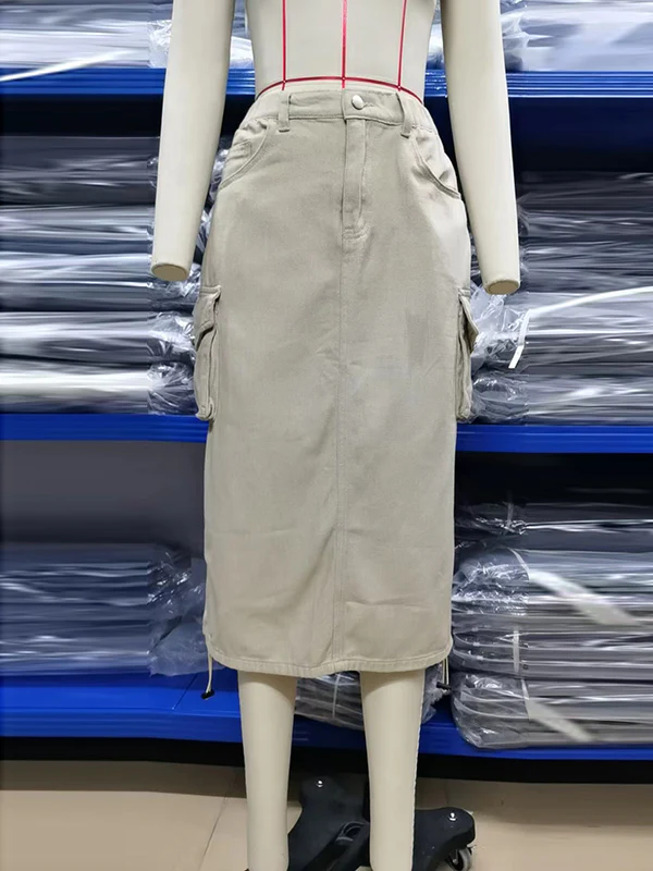 A-Line Buttoned Drawstring Pockets Solid Color Split-Side Skirts Bottoms - Image 31