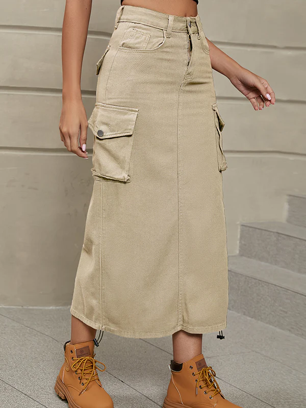 A-Line Buttoned Drawstring Pockets Solid Color Split-Side Skirts Bottoms - Image 8