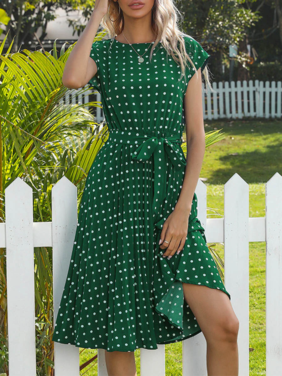 A-Line Cap Sleeve Buttoned Contrast Color Pleated Polka-Dot Split-Joint Tied Waist Round-Neck Midi Dresses - Image 2