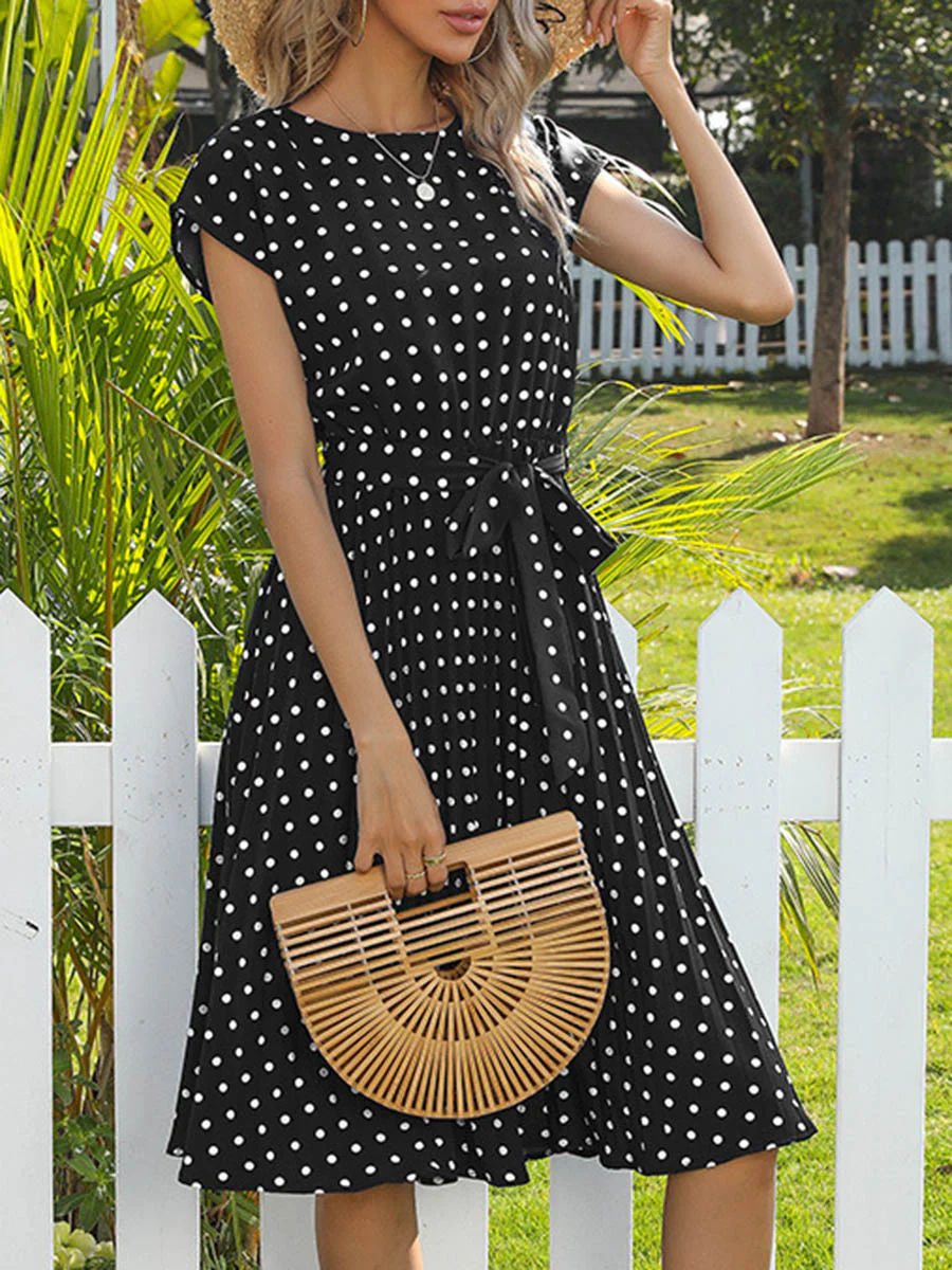A-Line Cap Sleeve Buttoned Contrast Color Pleated Polka-Dot Split-Joint Tied Waist Round-Neck Midi Dresses - Image 3