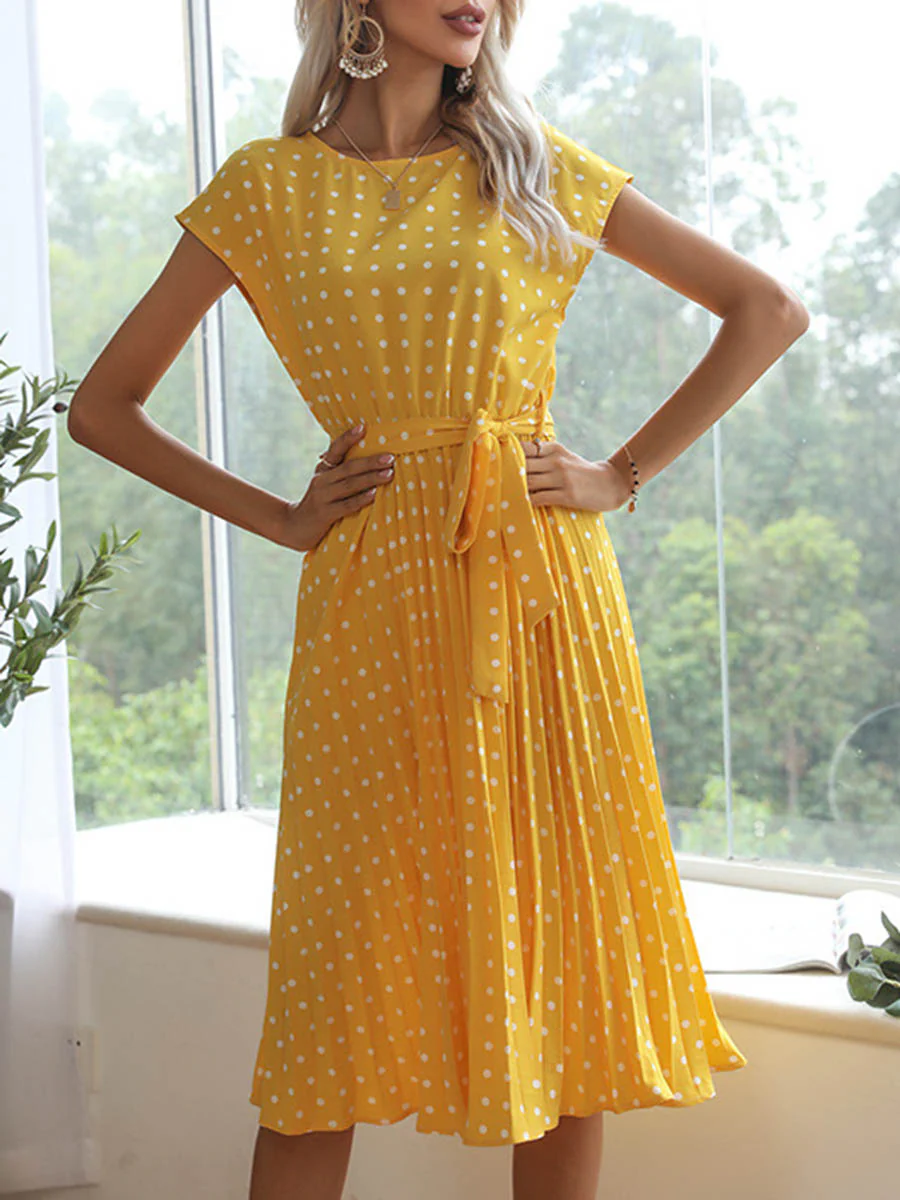 A-Line Cap Sleeve Buttoned Contrast Color Pleated Polka-Dot Split-Joint Tied Waist Round-Neck Midi Dresses - Image 4