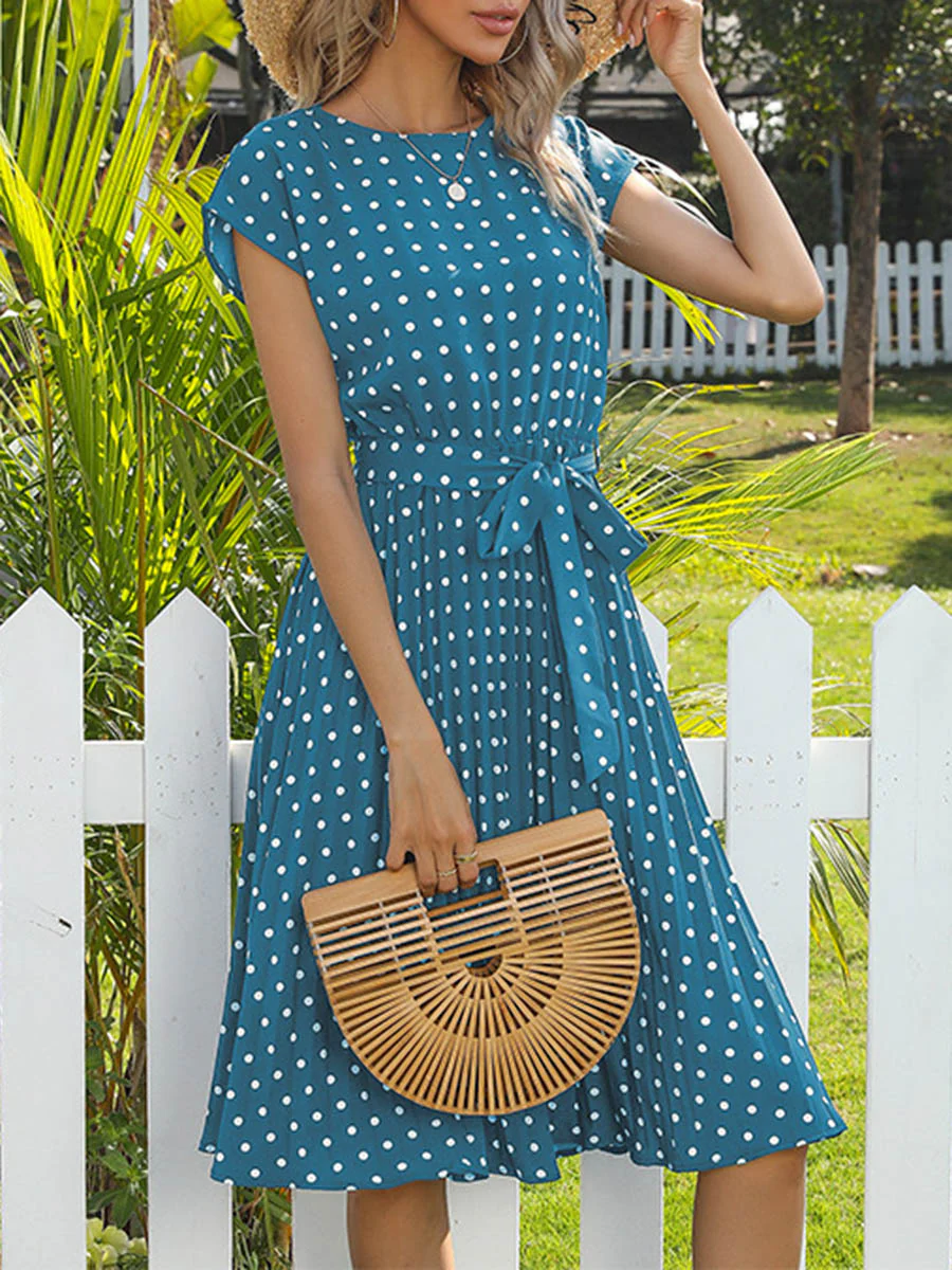A-Line Cap Sleeve Buttoned Contrast Color Pleated Polka-Dot Split-Joint Tied Waist Round-Neck Midi Dresses - Image 5