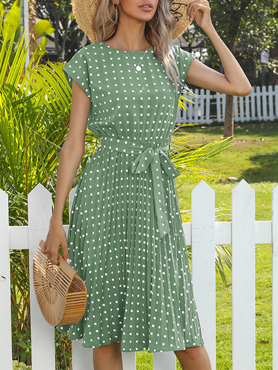 A-Line Cap Sleeve Buttoned Contrast Color Pleated Polka-Dot Split-Joint Tied Waist Round-Neck Midi Dresses - Image 6