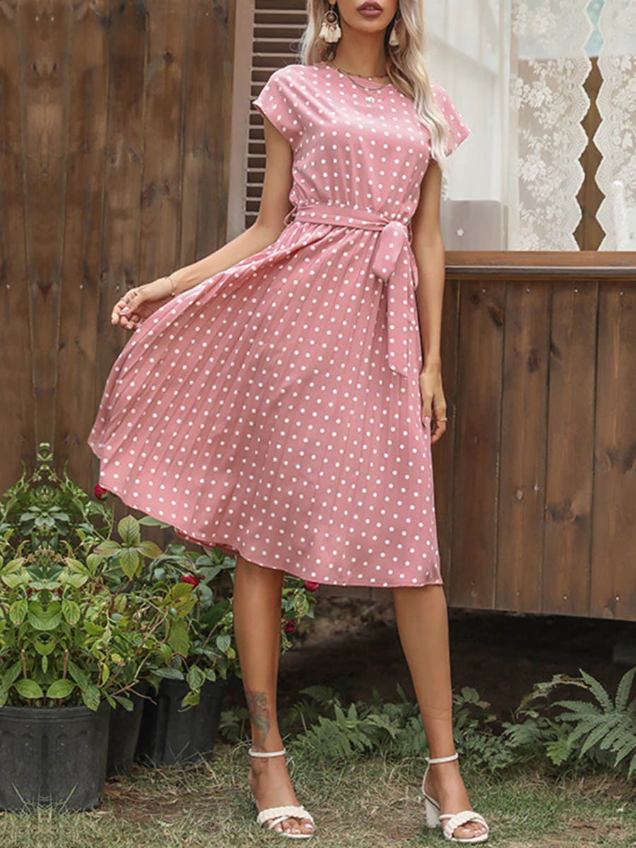 A-Line Cap Sleeve Buttoned Contrast Color Pleated Polka-Dot Split-Joint Tied Waist Round-Neck Midi Dresses - Image 8