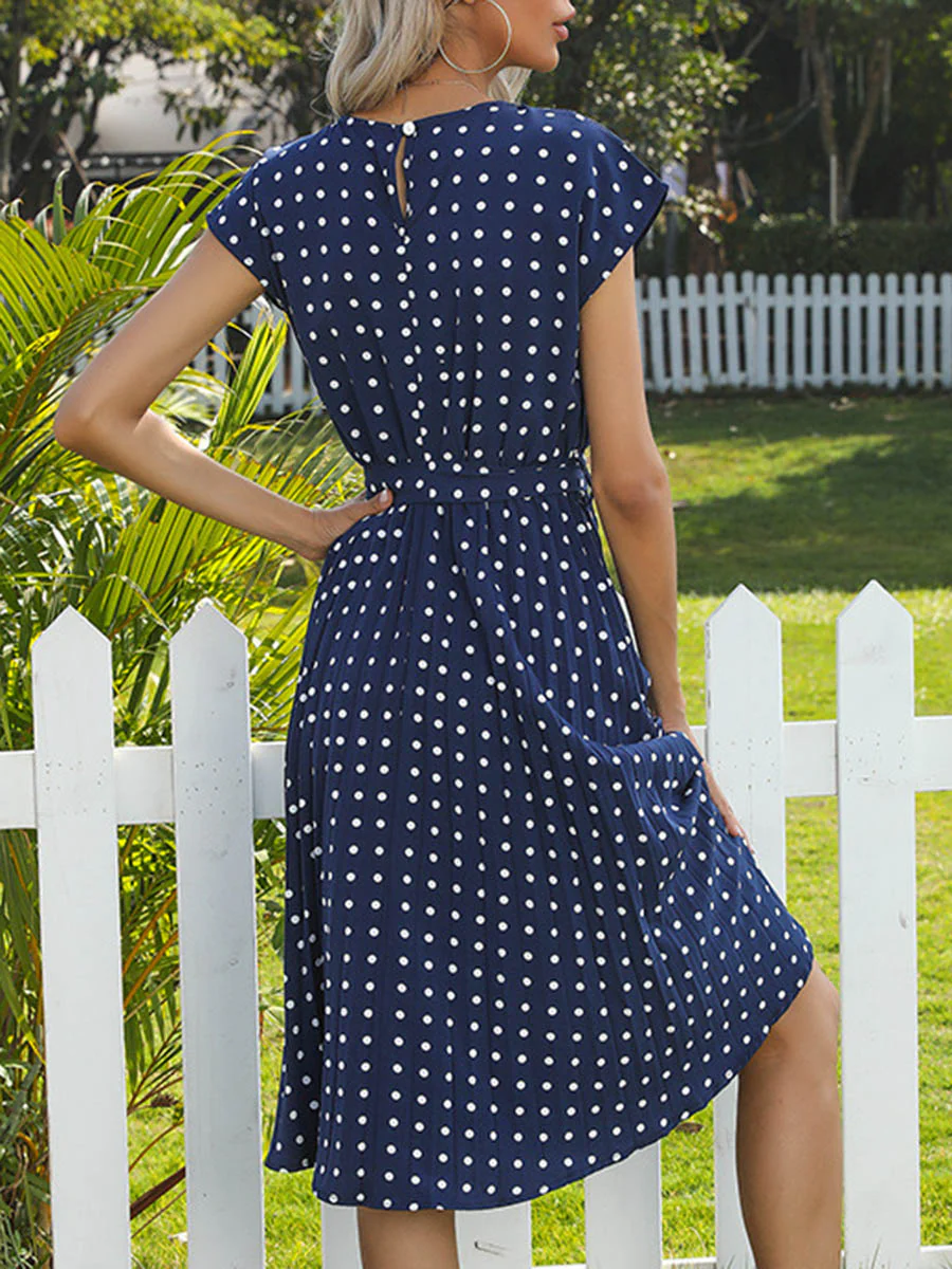 A-Line Cap Sleeve Buttoned Contrast Color Pleated Polka-Dot Split-Joint Tied Waist Round-Neck Midi Dresses - Image 9