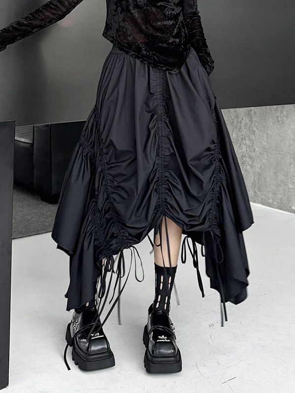A-Line Elasticated Waist Asymmetric Drawstring Pleated Solid Color Skirts Bottoms