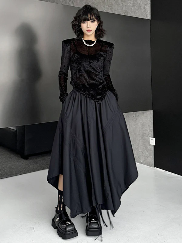 A-Line Elasticated Waist Asymmetric Drawstring Pleated Solid Color Skirts Bottoms - Image 2
