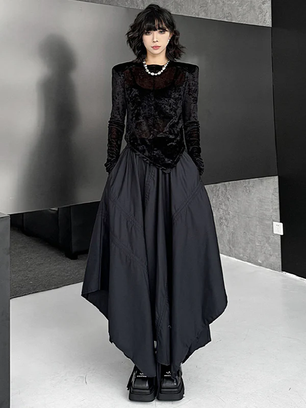 A-Line Elasticated Waist Asymmetric Drawstring Pleated Solid Color Skirts Bottoms - Image 3