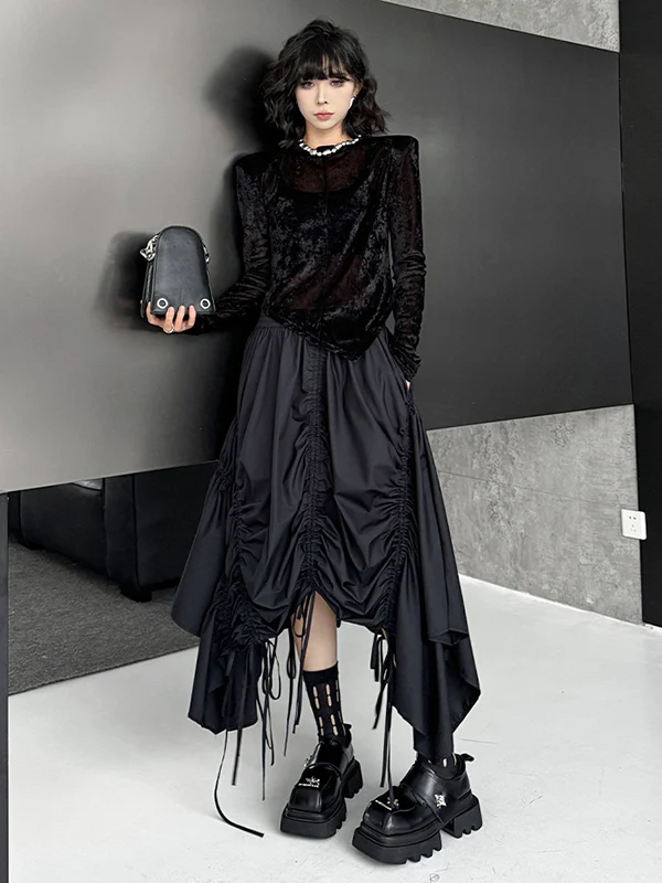 A-Line Elasticated Waist Asymmetric Drawstring Pleated Solid Color Skirts Bottoms - Image 4