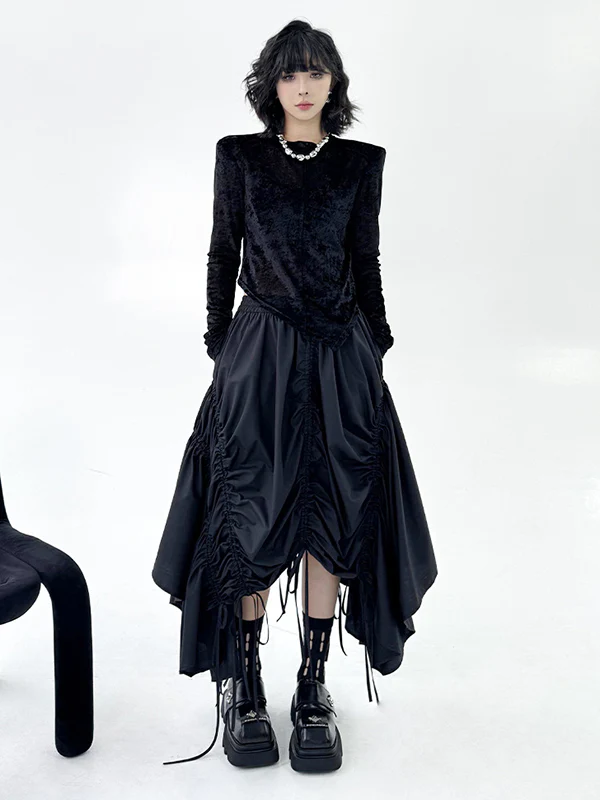 A-Line Elasticated Waist Asymmetric Drawstring Pleated Solid Color Skirts Bottoms - Image 5