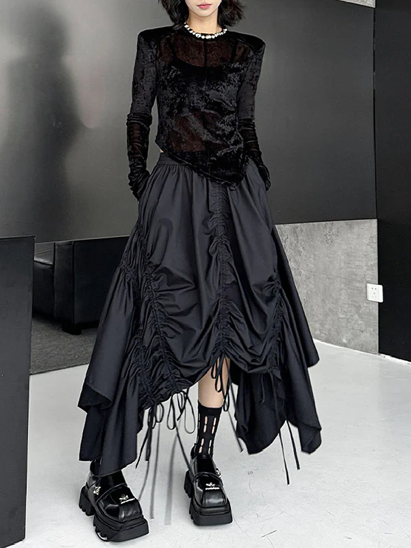 A-Line Elasticated Waist Asymmetric Drawstring Pleated Solid Color Skirts Bottoms - Image 6
