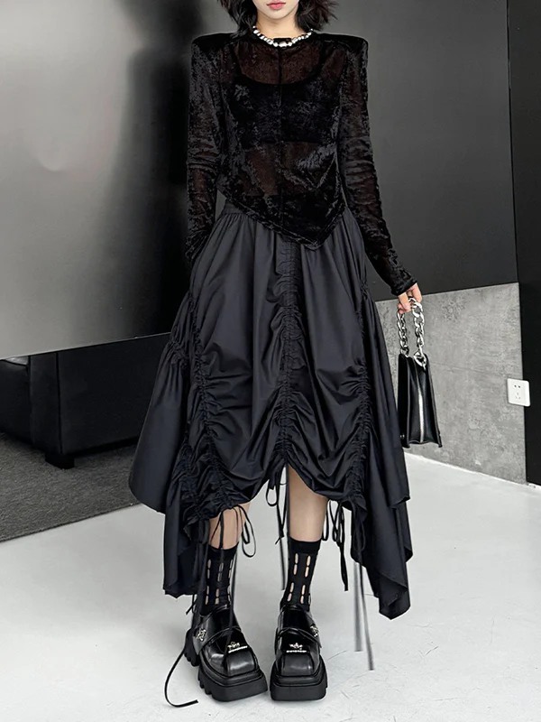 A-Line Elasticated Waist Asymmetric Drawstring Pleated Solid Color Skirts Bottoms - Image 7