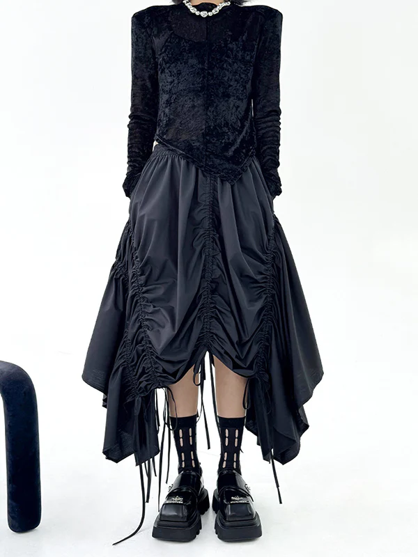 A-Line Elasticated Waist Asymmetric Drawstring Pleated Solid Color Skirts Bottoms - Image 8