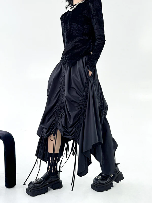 A-Line Elasticated Waist Asymmetric Drawstring Pleated Solid Color Skirts Bottoms - Image 9