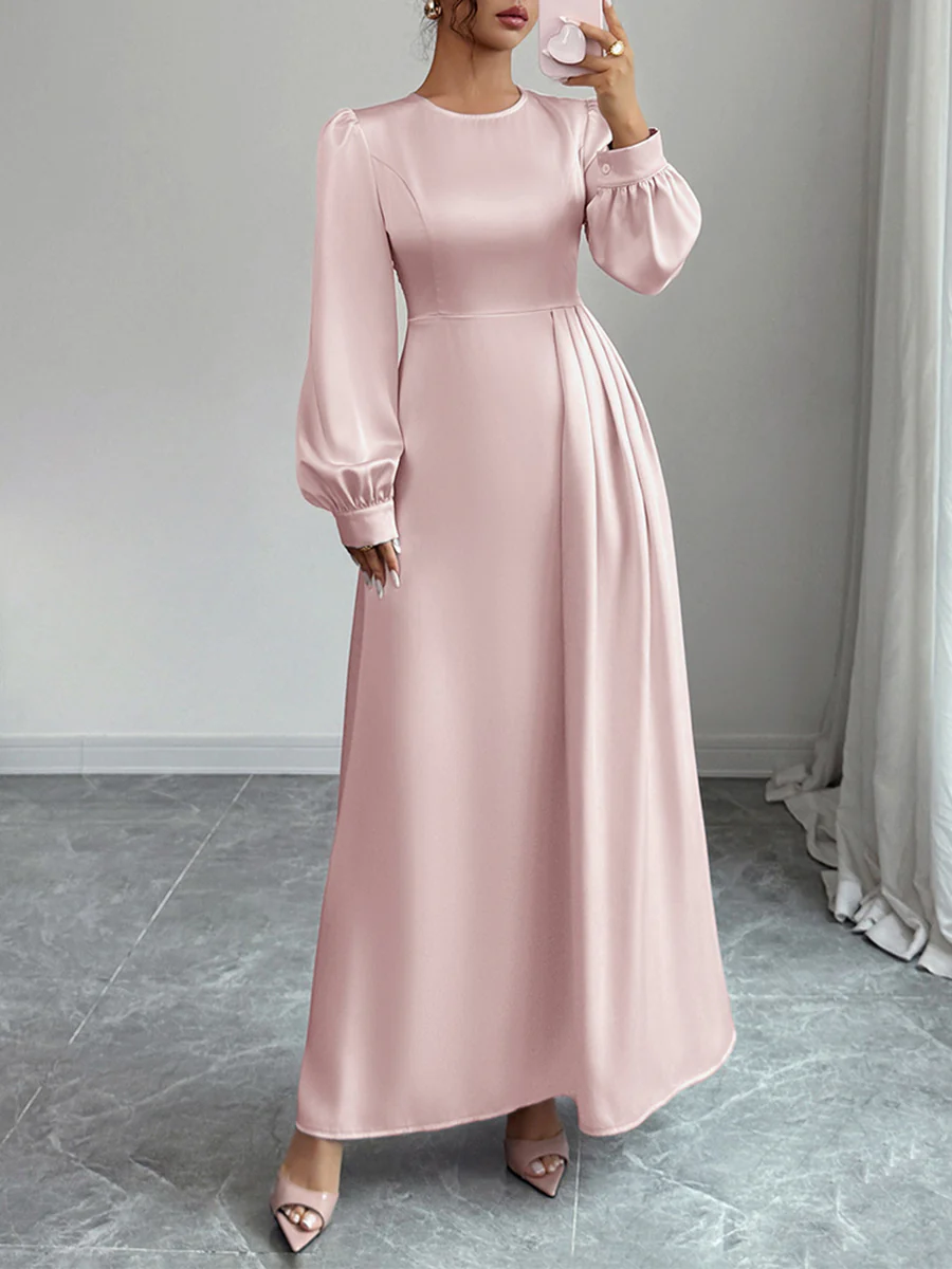 A-Line Elasticated Waist Asymmetric Pleated Solid Color Split-Joint Round-Neck Maxi Dresses