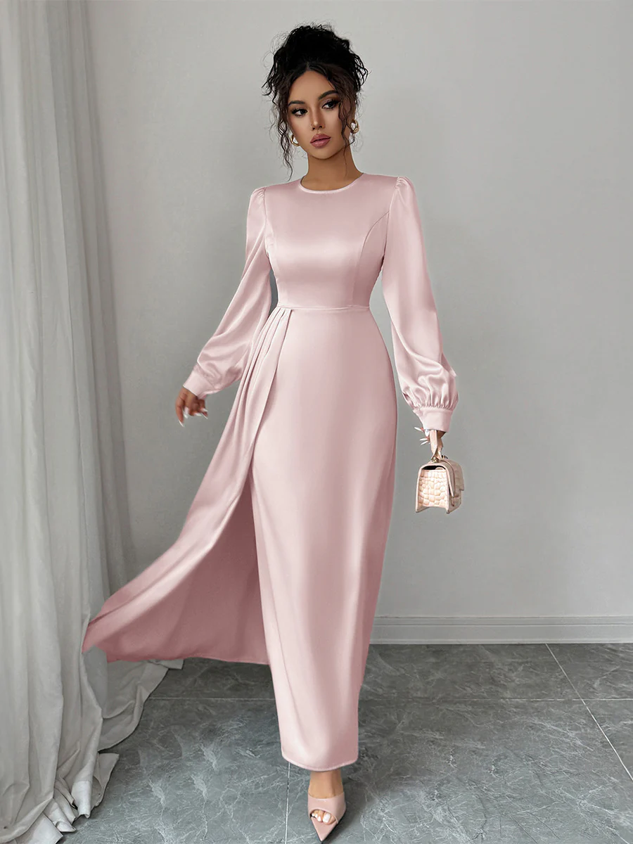 A-Line Elasticated Waist Asymmetric Pleated Solid Color Split-Joint Round-Neck Maxi Dresses - Image 2