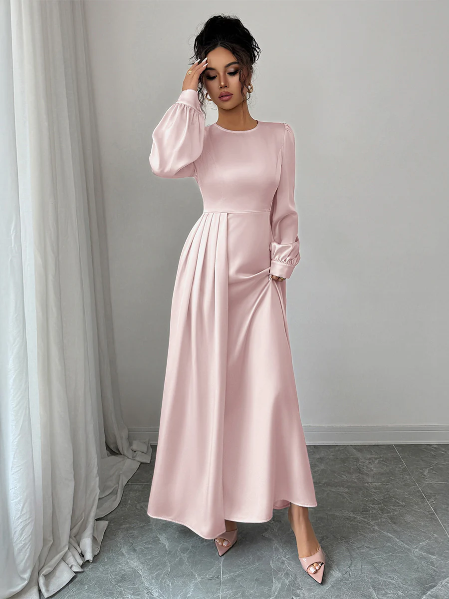 A-Line Elasticated Waist Asymmetric Pleated Solid Color Split-Joint Round-Neck Maxi Dresses - Image 3