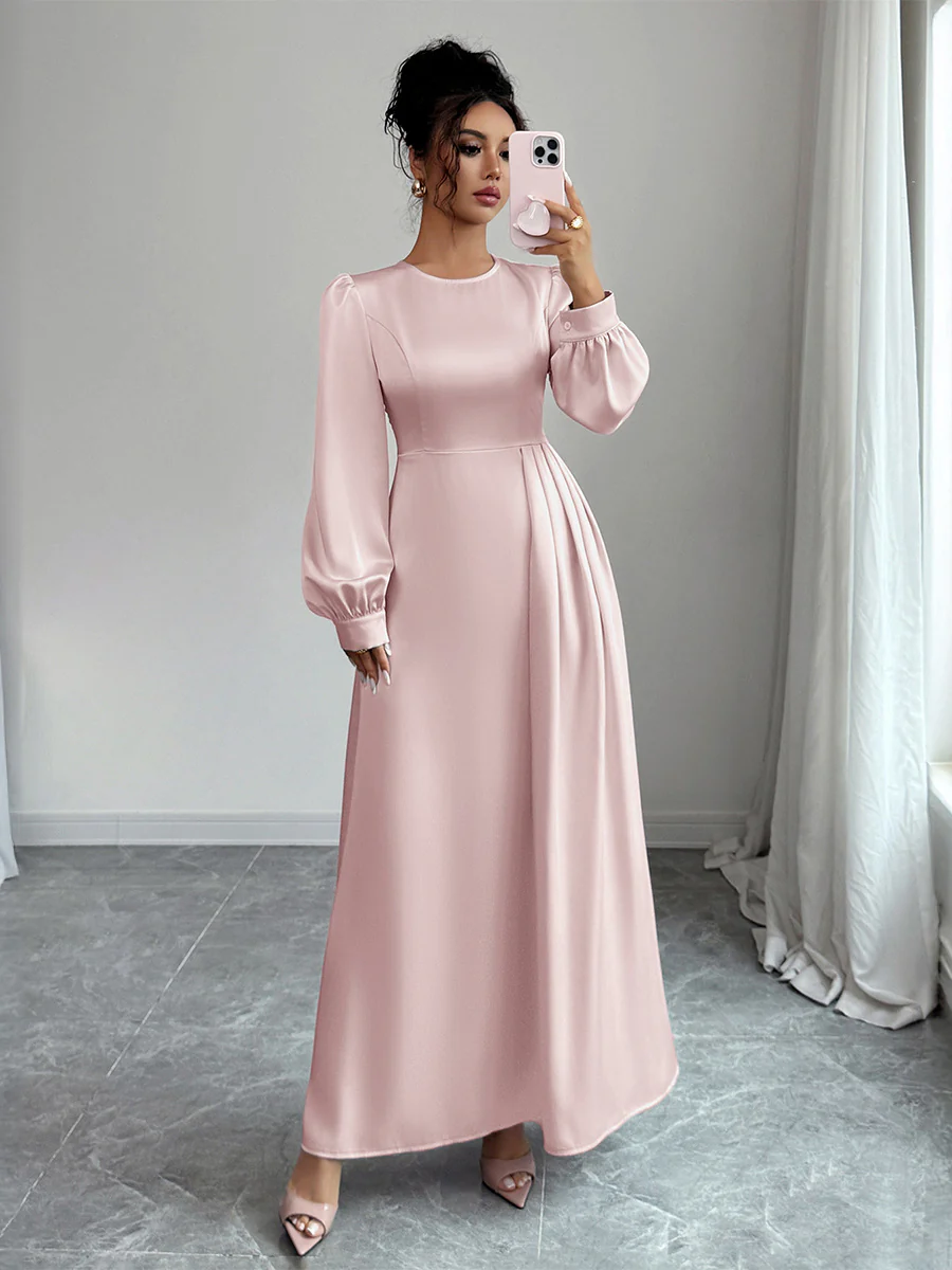 A-Line Elasticated Waist Asymmetric Pleated Solid Color Split-Joint Round-Neck Maxi Dresses - Image 4