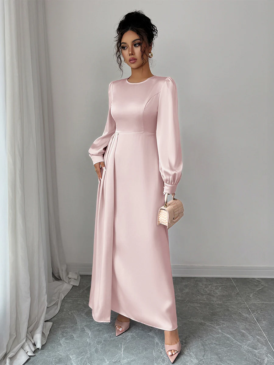 A-Line Elasticated Waist Asymmetric Pleated Solid Color Split-Joint Round-Neck Maxi Dresses - Image 5