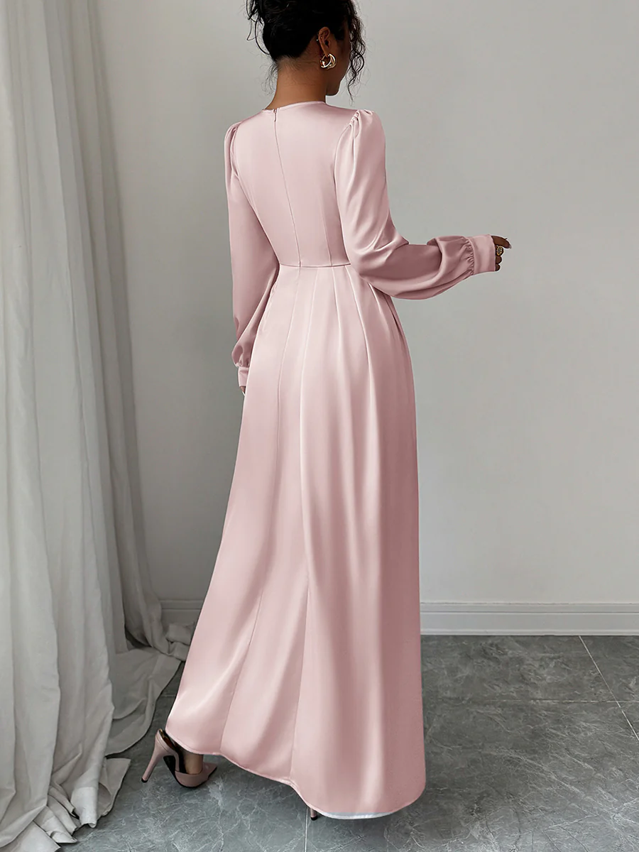 A-Line Elasticated Waist Asymmetric Pleated Solid Color Split-Joint Round-Neck Maxi Dresses - Image 6