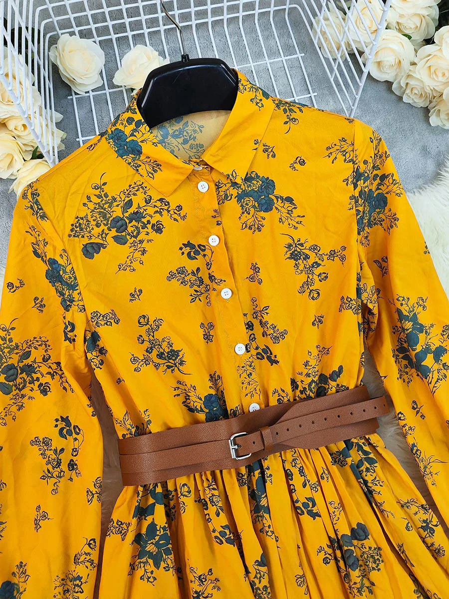 A-Line Elasticated Waist Belted Buttoned Contrast Color Flower Print Pleated Split-Joint Lapel Maxi Dresses Shirt Dress - Image 10