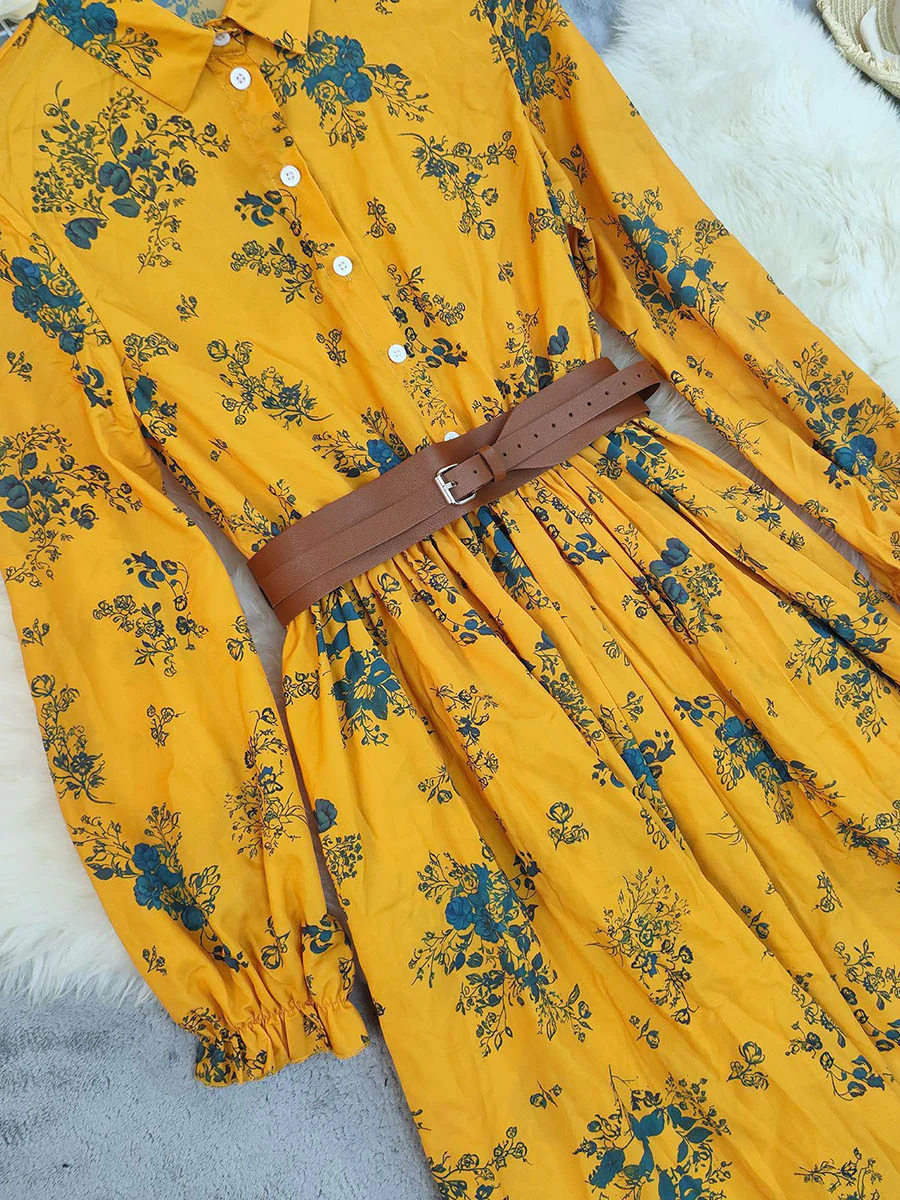 A-Line Elasticated Waist Belted Buttoned Contrast Color Flower Print Pleated Split-Joint Lapel Maxi Dresses Shirt Dress - Image 11